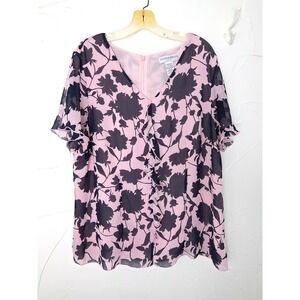 Sag Harbor Floral Chiffon Textured Blouse Sz 1X Lined Zip Up Back Flutter Sleeve